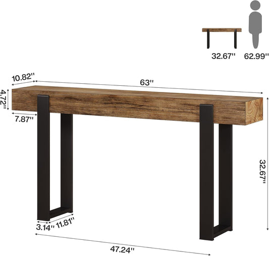 63-Inch Long Console Table, Solid Wood Sofa Table behind the Couch with Metal Support