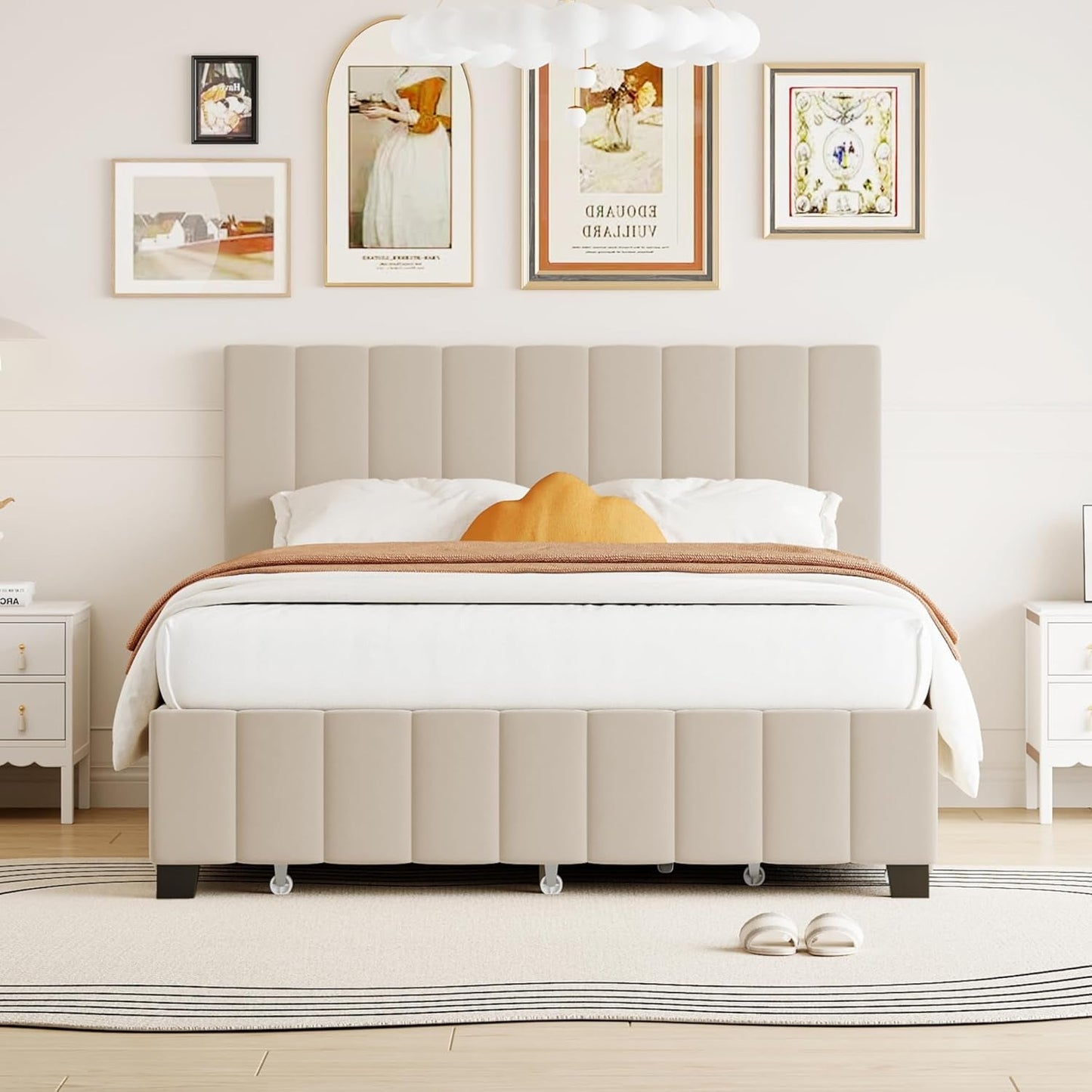 Queen Beige Velvet Upholstered Platform Bed Trundle