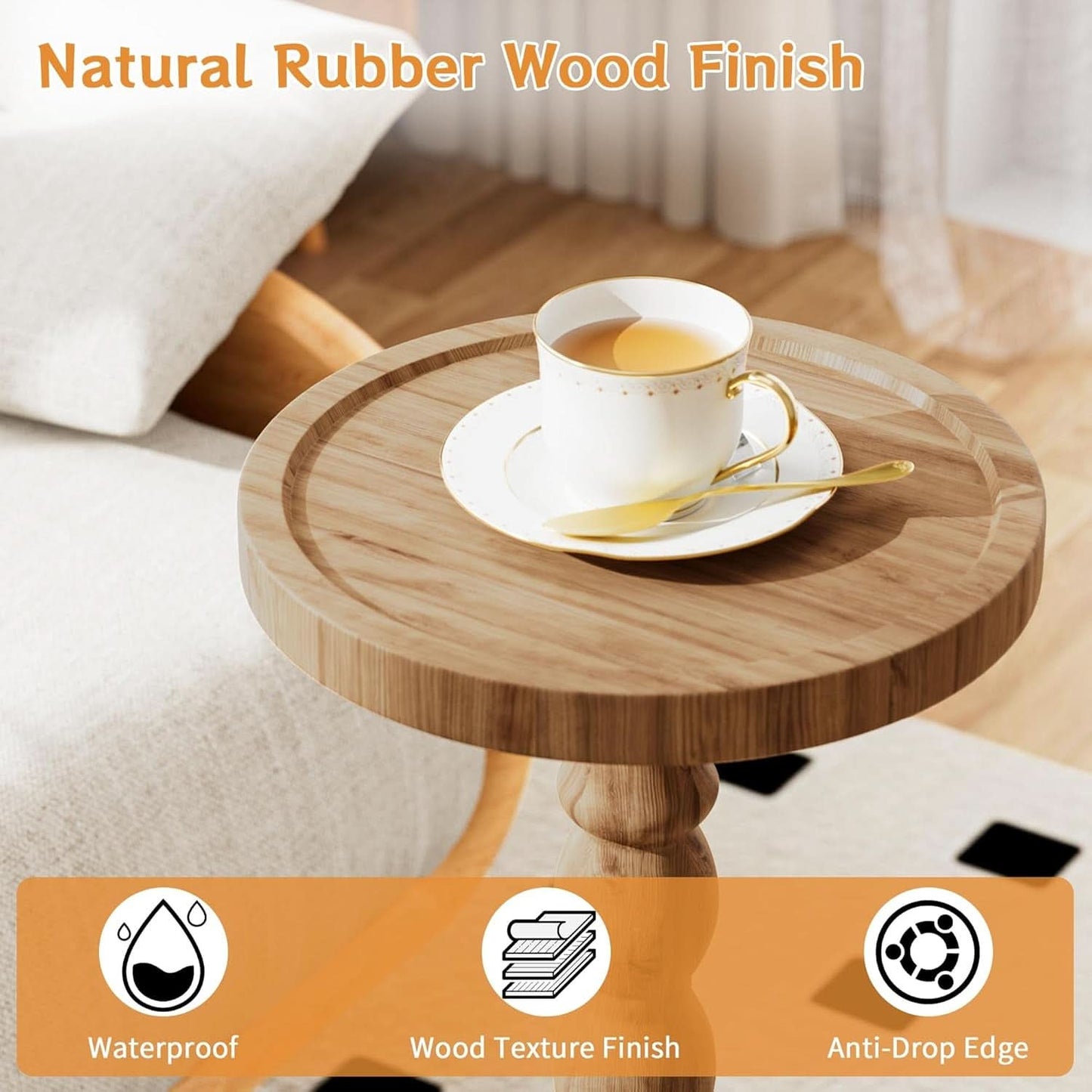 9.4 Inch Round Rubberwood End Table Brown Textured Finish