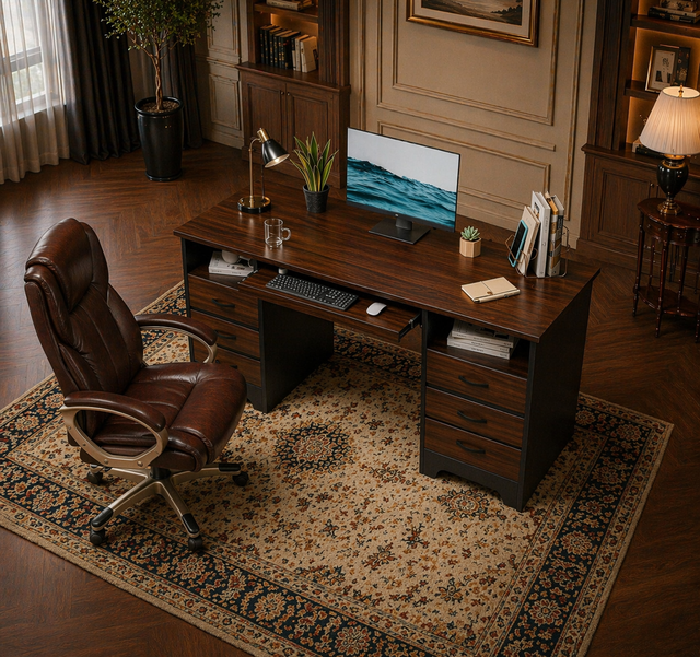 59" Executive Home Office Desk & High Back Swivel Chair Set with Storage, Grey