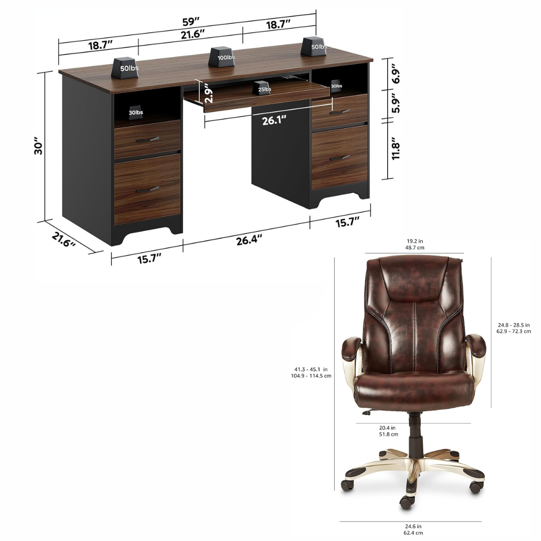 59" Executive Home Office Desk & High Back Swivel Chair Set with Storage, Grey