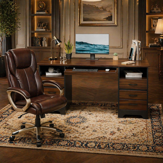 59" Executive Home Office Desk & High Back Swivel Chair Set with Storage, Grey