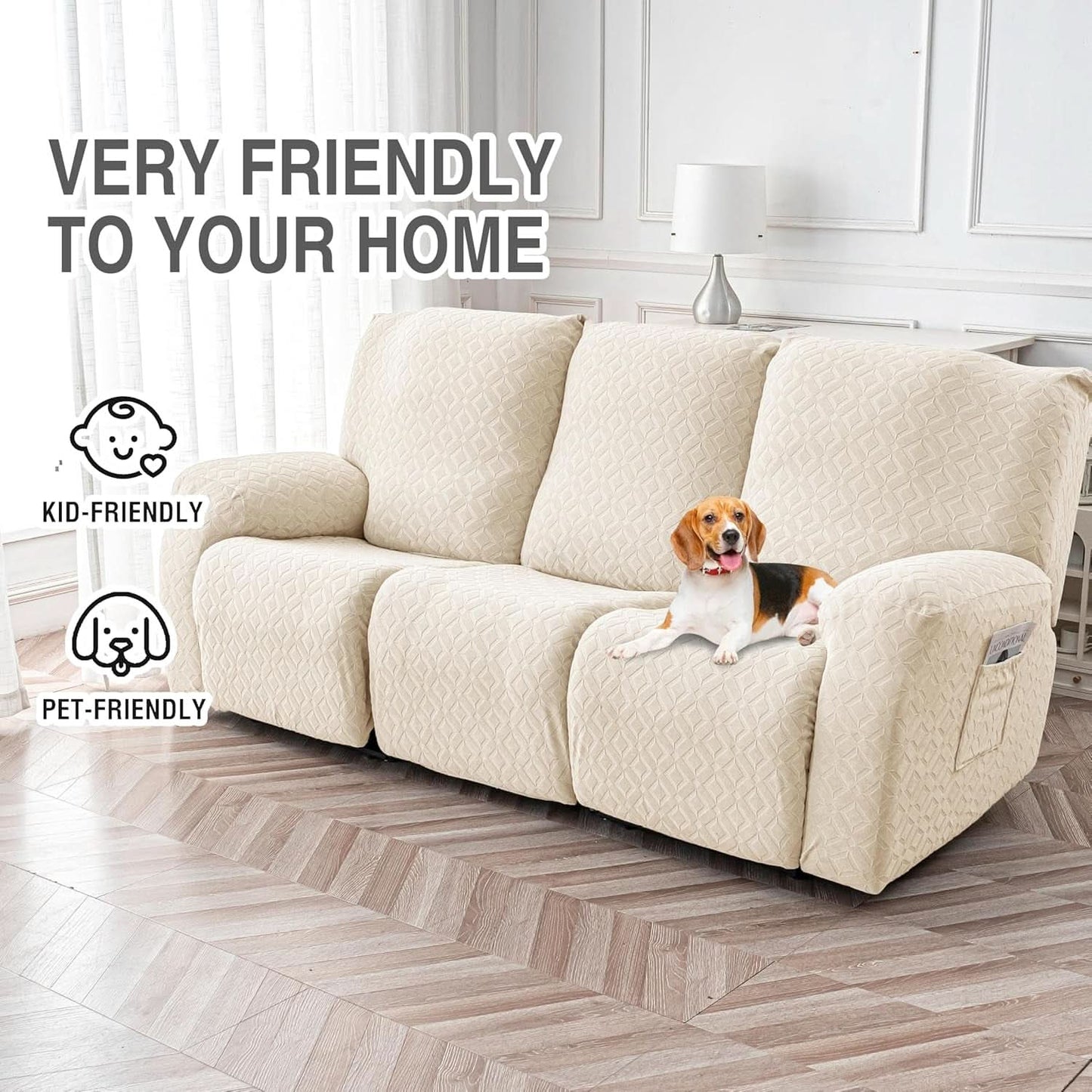 Beige Waterproof Recliner Sofa Cover Featuring Pockets