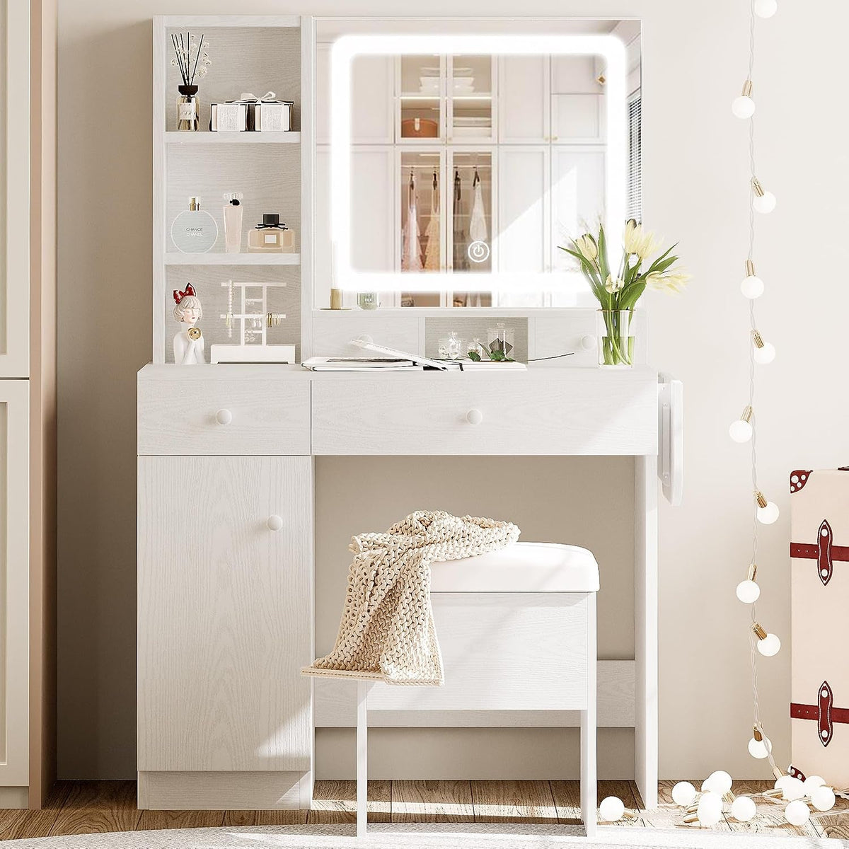 White Vanity Desk Illuminated Mirror Storage Cabinet-4
