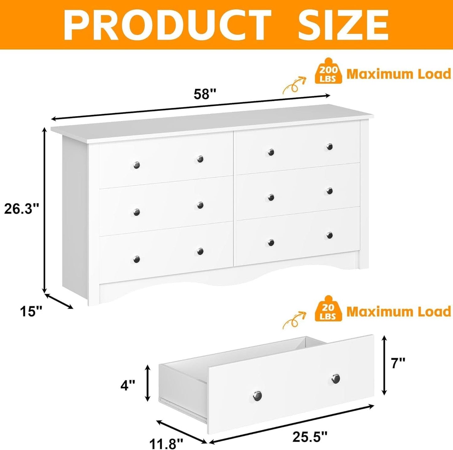 6 Drawer Dresser and TV Stand in White for 65 Inch TV