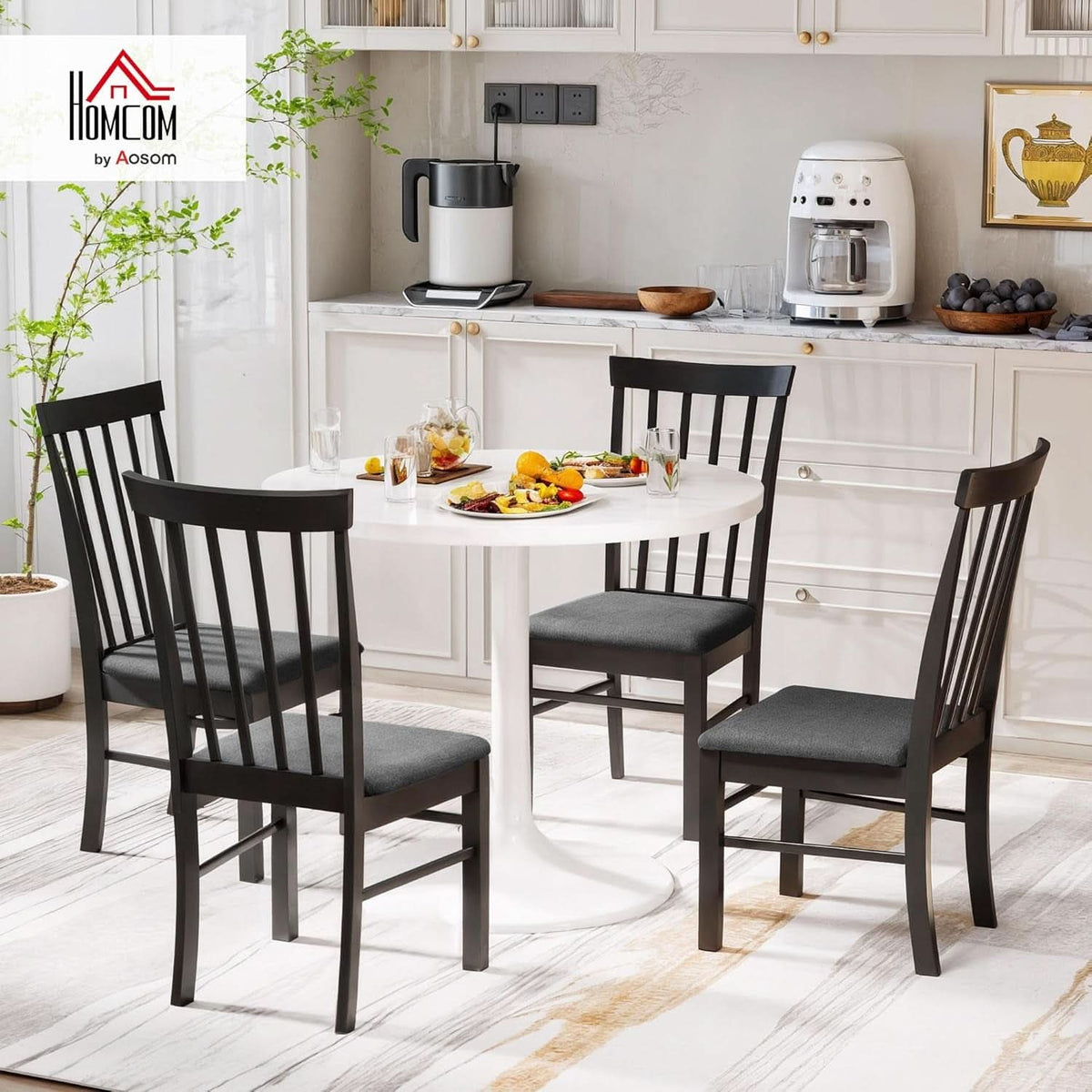 Solid Rubber Wood Dining Chairs Sets Of 4 Black Upholstered
