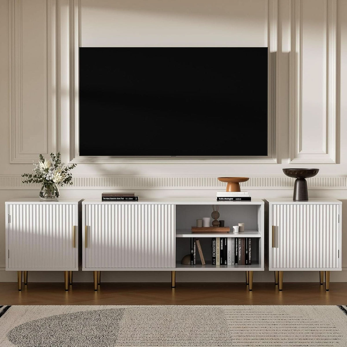 White TV Console With Entertainment Storage 80 Inch