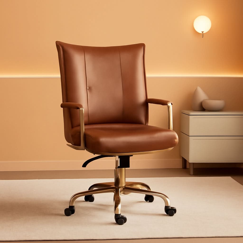 Adjustable Faux Leather Desk Chair With Golden Legs Camel
