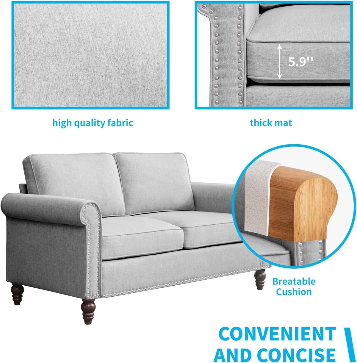 Light Grey Small Space Living Room Couch Set With Loveseat-2