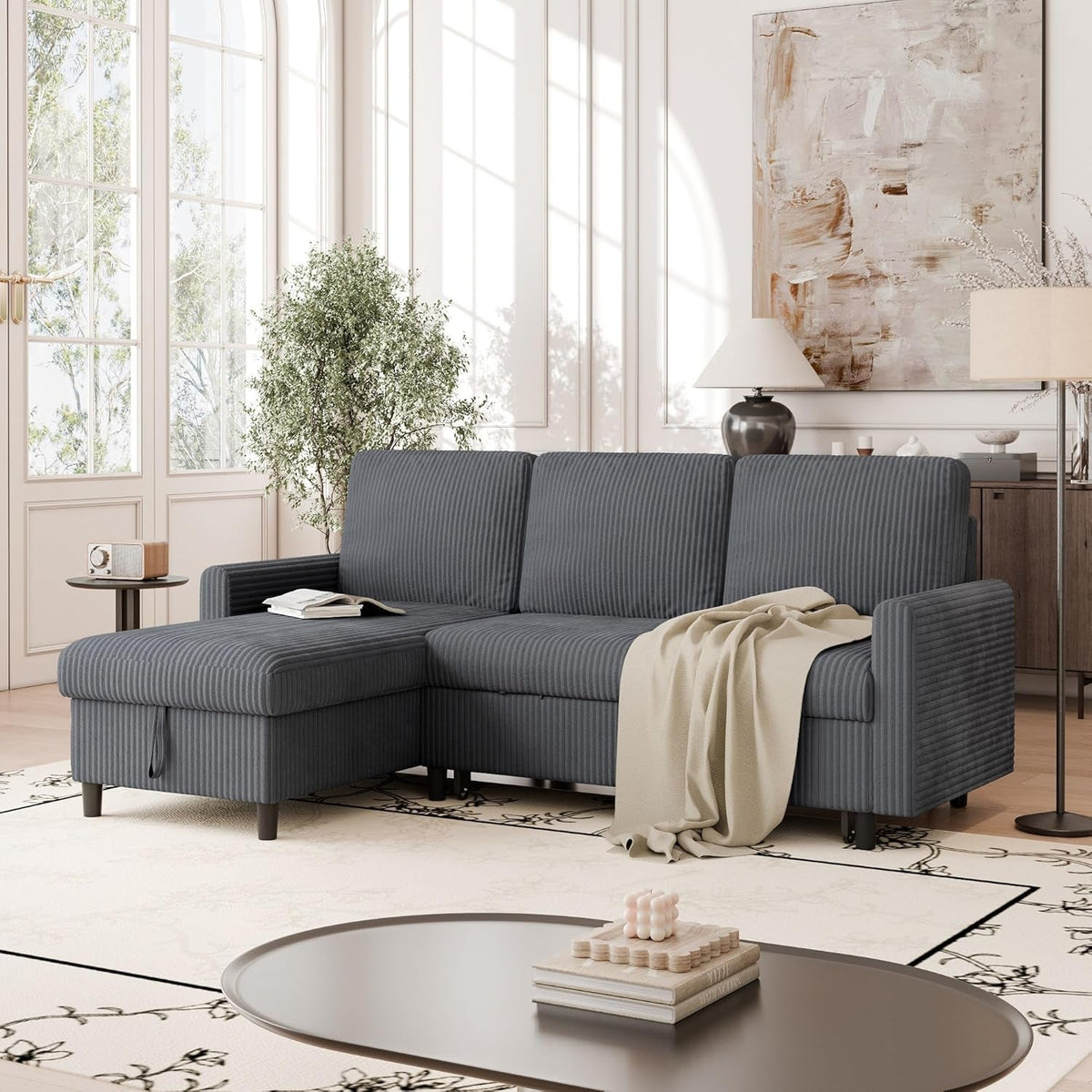 Dark Grey Corduroy Sleeper Sofa With Hidden Storage