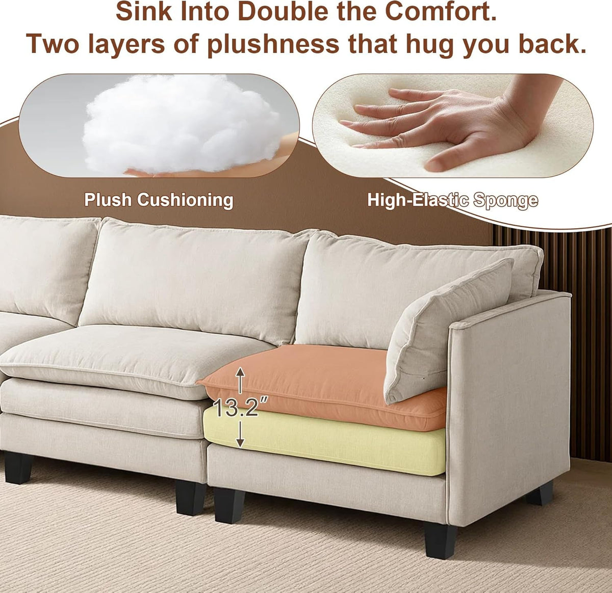 111Inch Modular Sectional Sofa Beige Upholstered Cushions-4