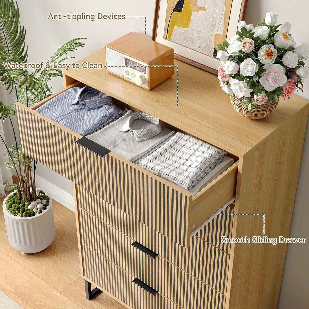49.2 Inch Tall Five Drawer MatteNaturalFinish Dresser