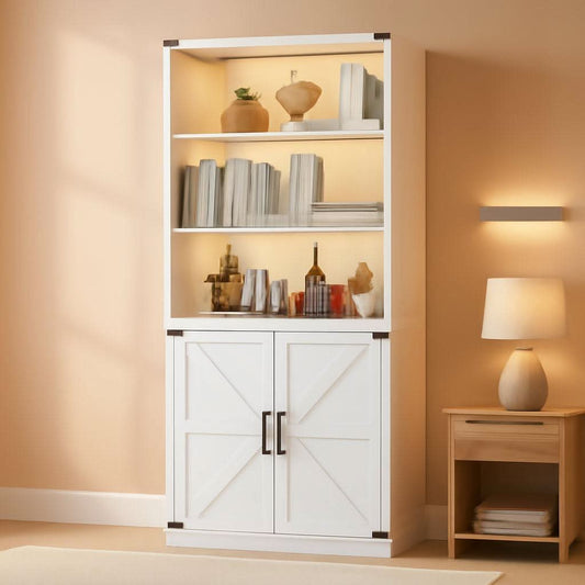 White Five Tier Bookcase Unit With Doors LED Lighting-0