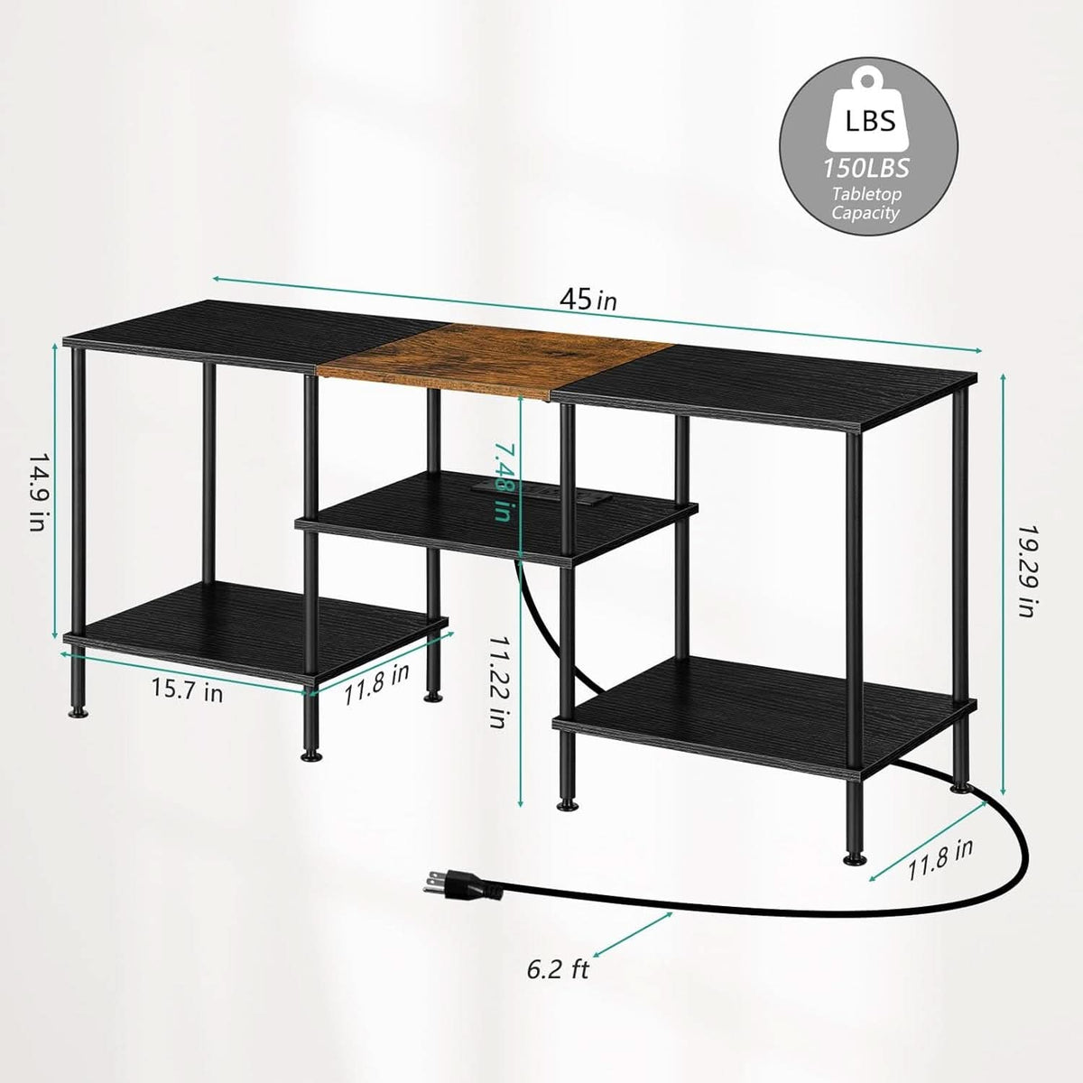 Black Living Room TV Stand Integrated Charging Outlets
