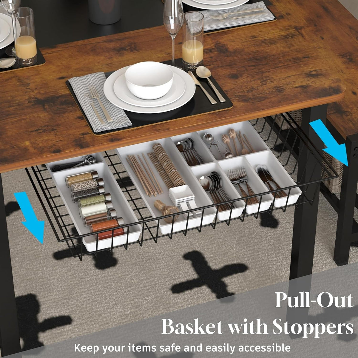 Rustic Brown Industrial Dining Table Set Storage Drawers