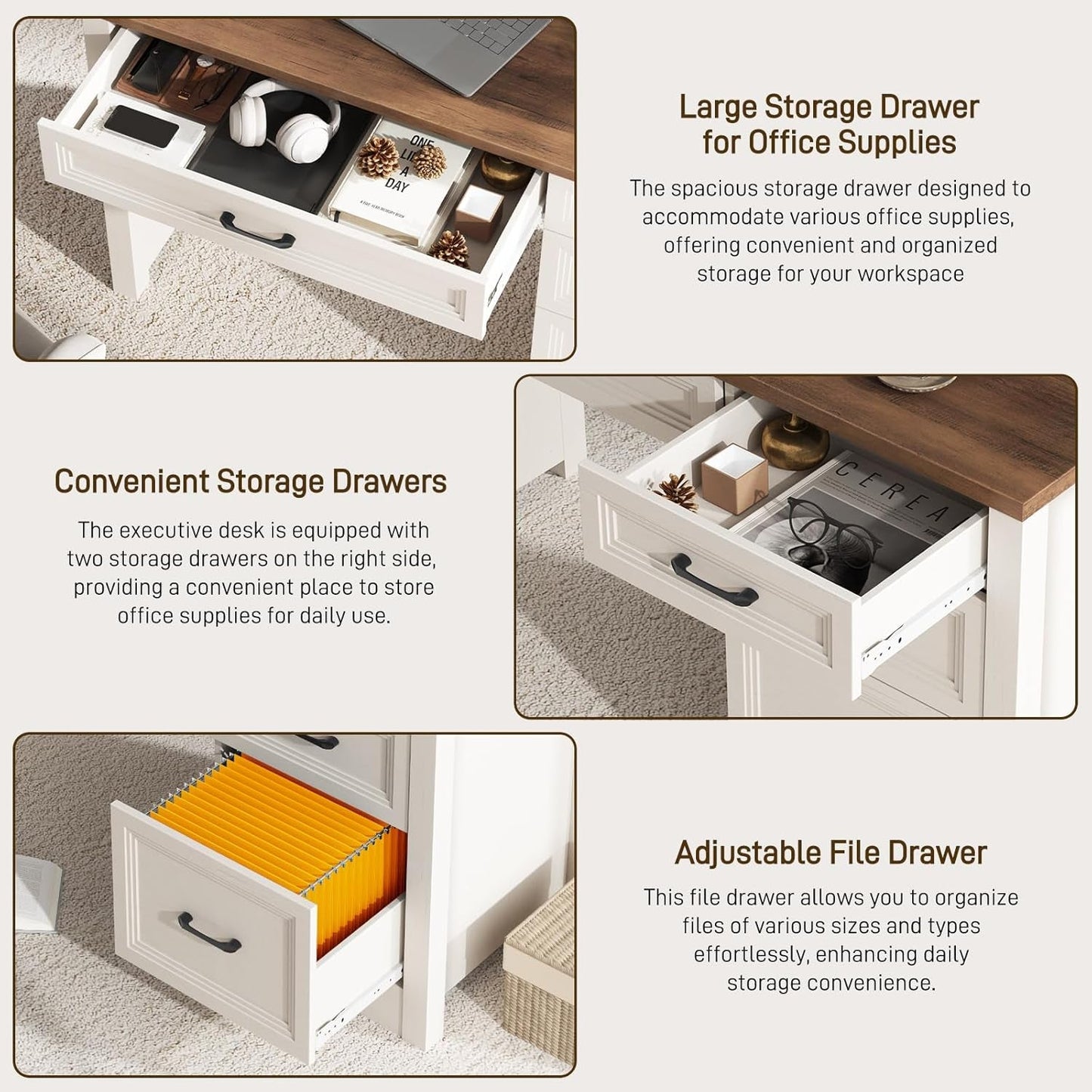 Farmhouse Executive Desk With Generous Drawers White