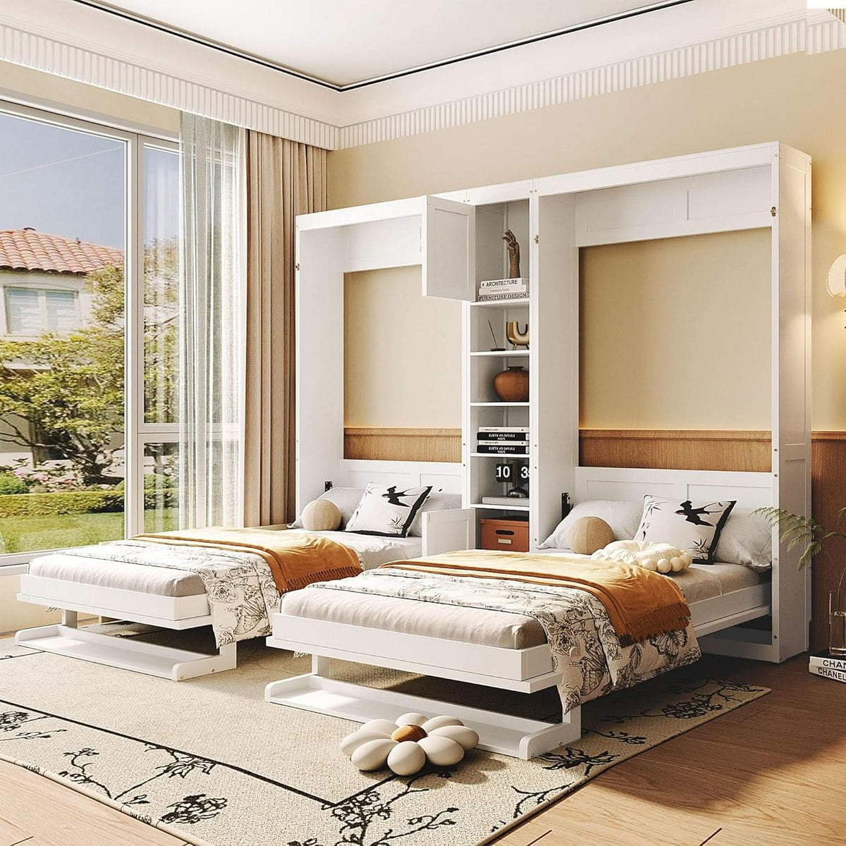 White Twin Murphy Bed With Contemporary Storage Cabinets-2