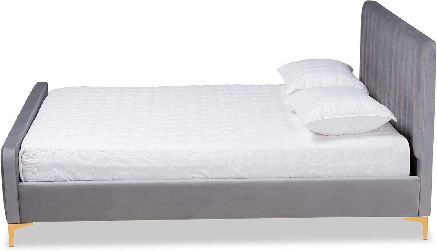 Queen Size Luxurious Grey Velvet Upholstered Platform Bed