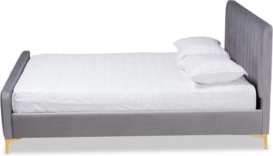 Queen Size Luxurious Grey Velvet Upholstered Platform Bed