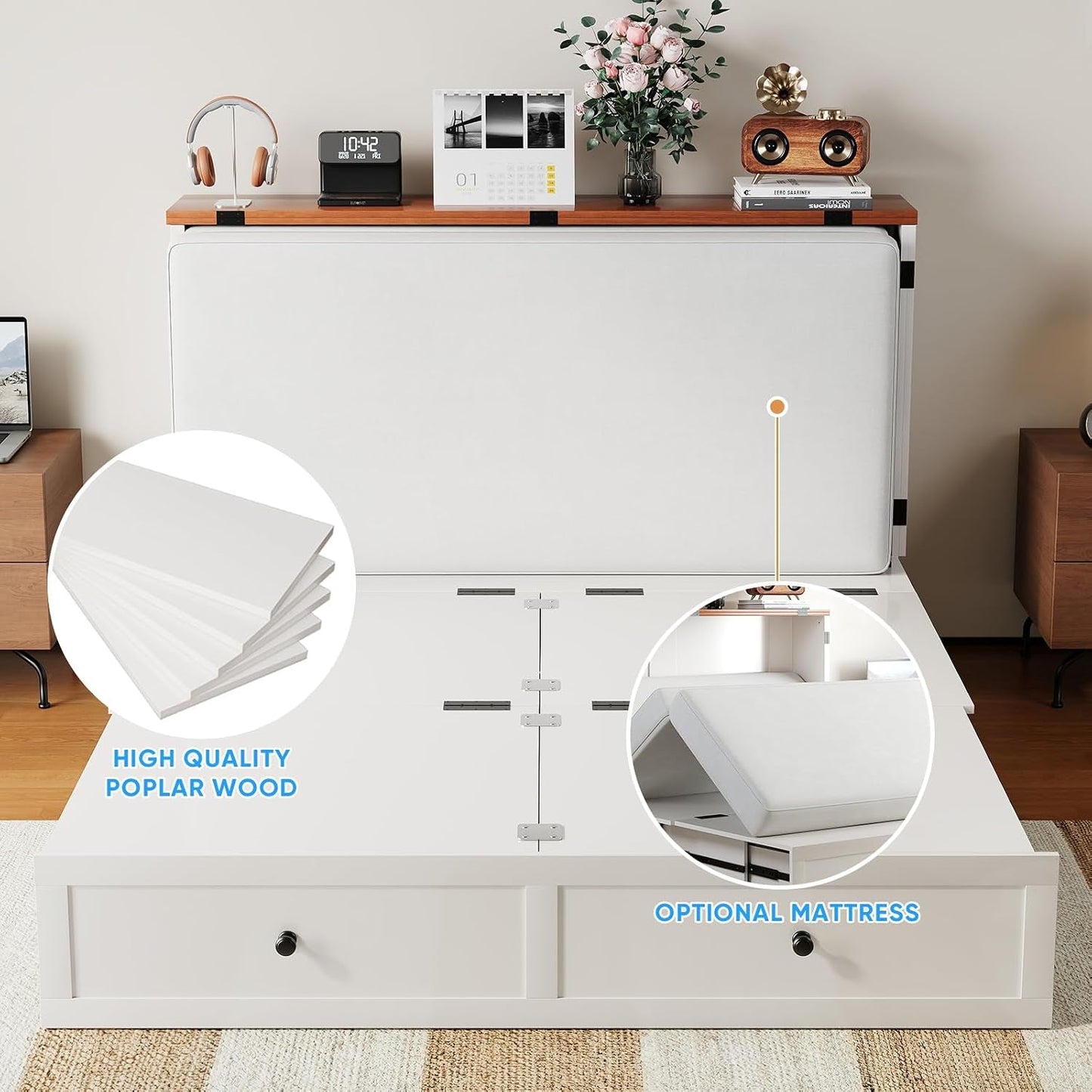 White Queen Murphy Cabinetry Bed Mattress Included