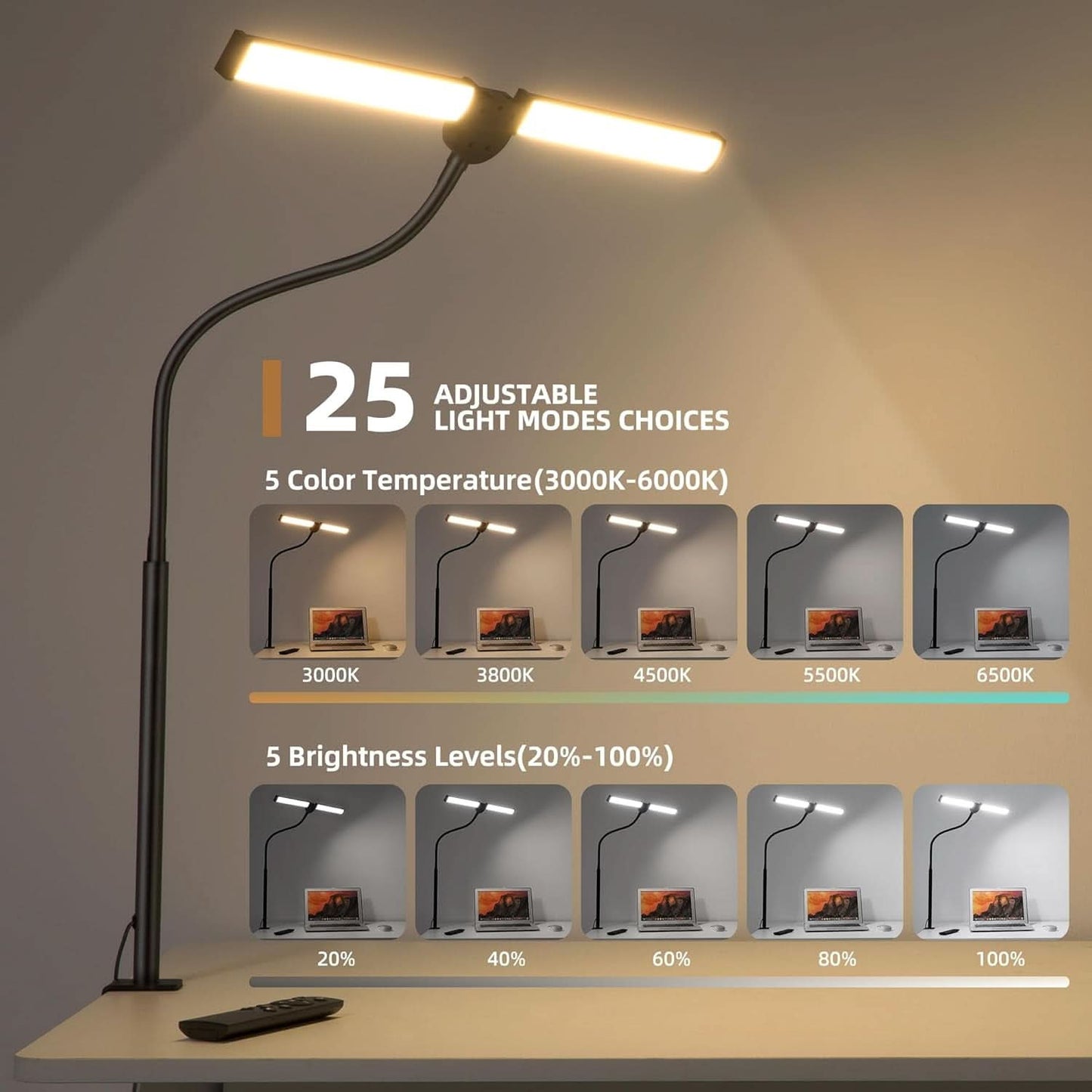 Led Desk Lamp Black Adjustable Gooseneck Dual Head Clip Lamp