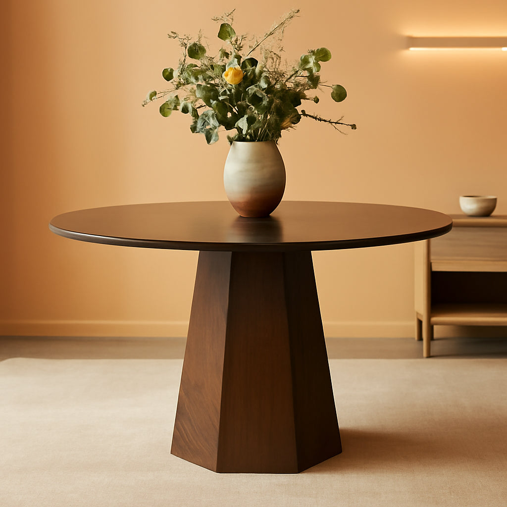 Round Walnut Solid Wood Dining Table 39 Inch Pedestal Base Design Modern
