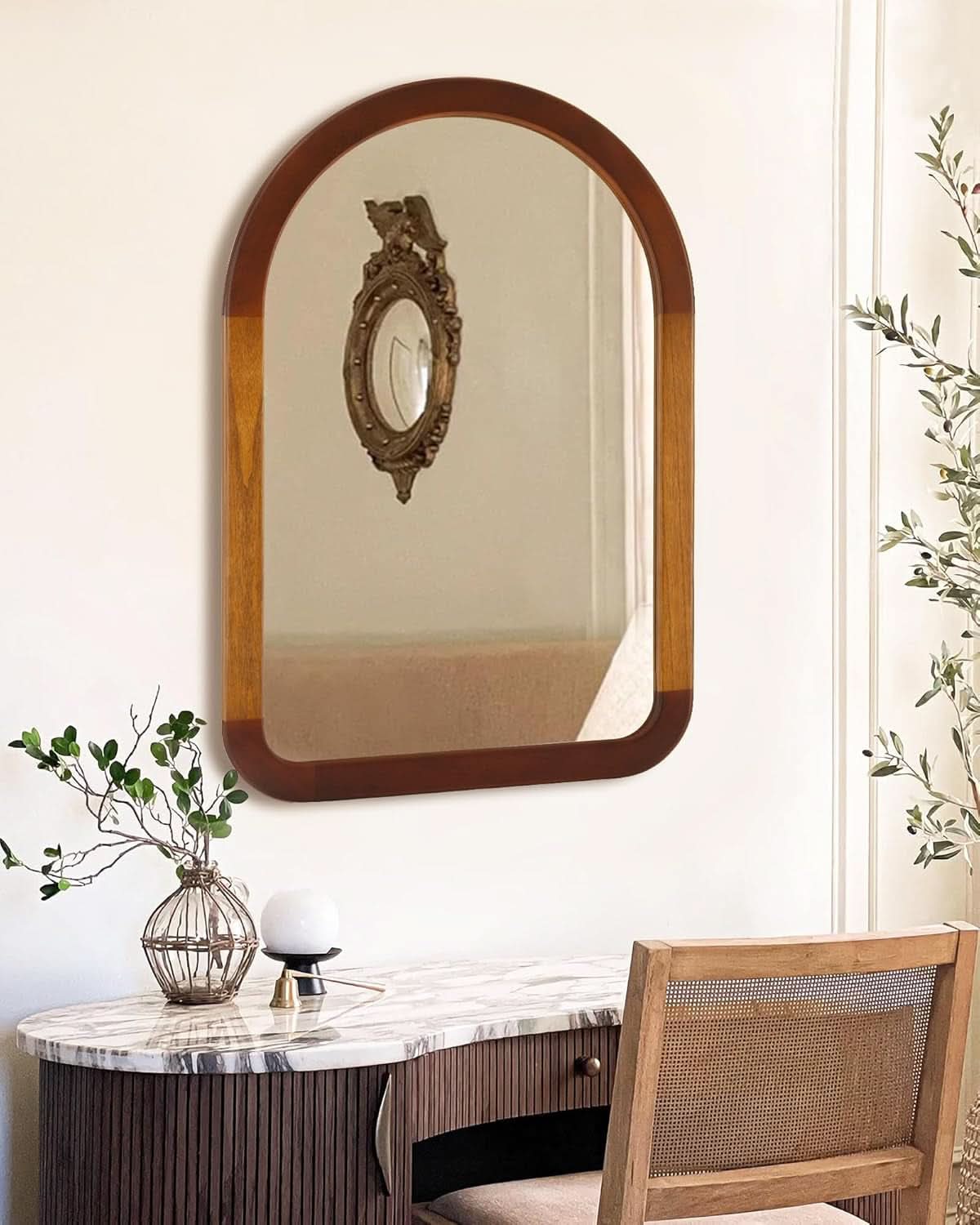 Arched Mirror 24x36 Walnut Brown Wood Frame Wall Mounted