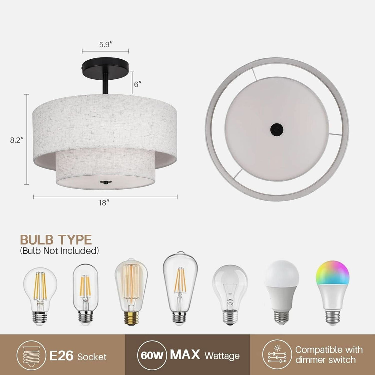 18 Inch Industrial Grade Drum Semi Flush Ceiling Light