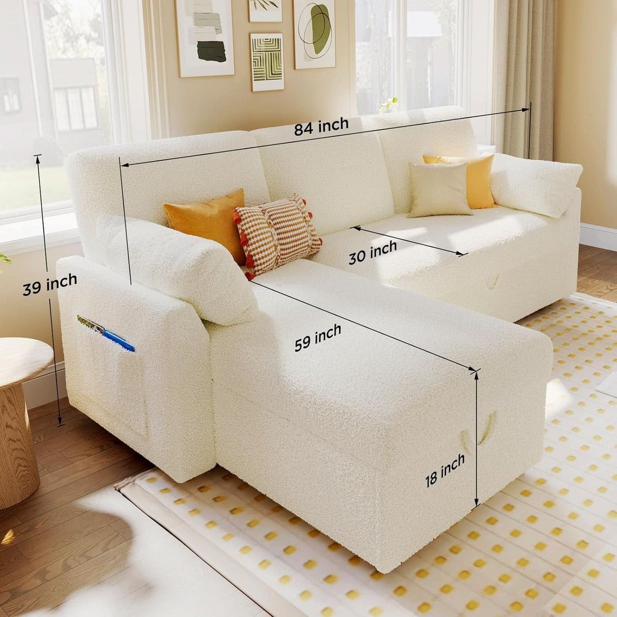 Sleeper Sofa Bed With Storage Chaise In White Boucle