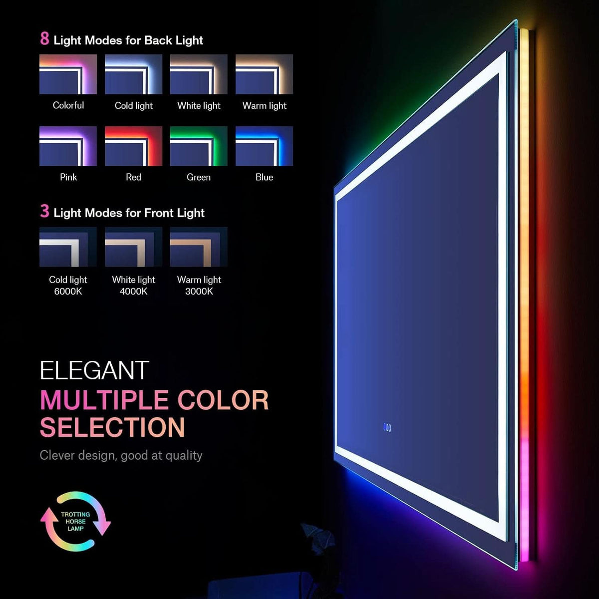 60x30 Inch RGB Dimmable LED Vanity Mirror Anti Fog Back lit