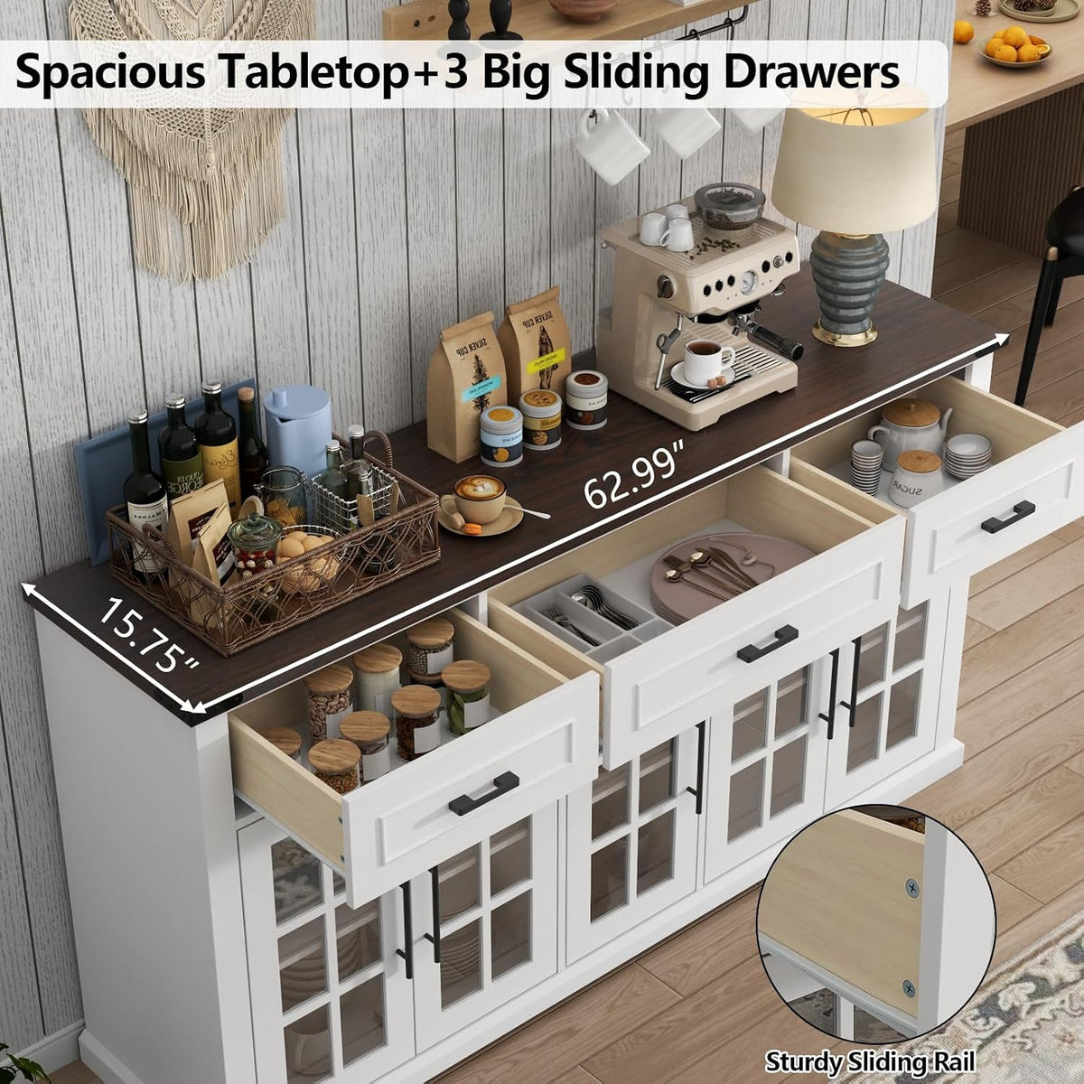 63Inch White Farmhouse Sideboard Cabinet Storage Organization-4
