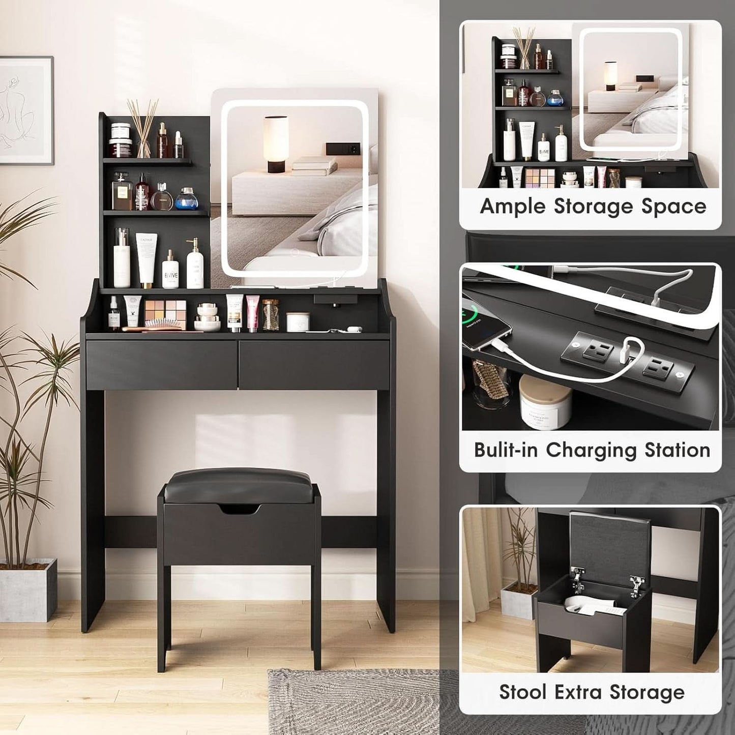 Charcoal Vanity Desk With LED Illuminated Mirror Storage