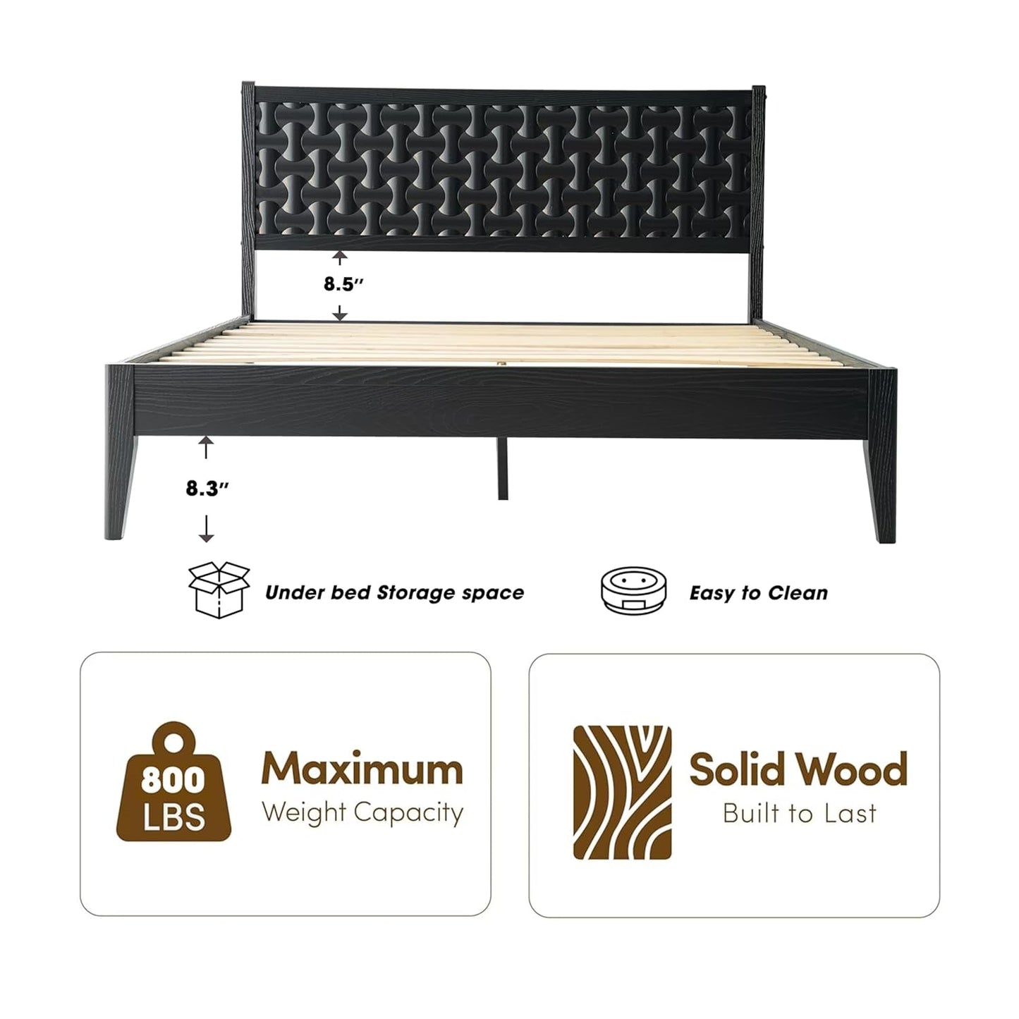 King Size Platform Bed Ebony Solid Wood Construction