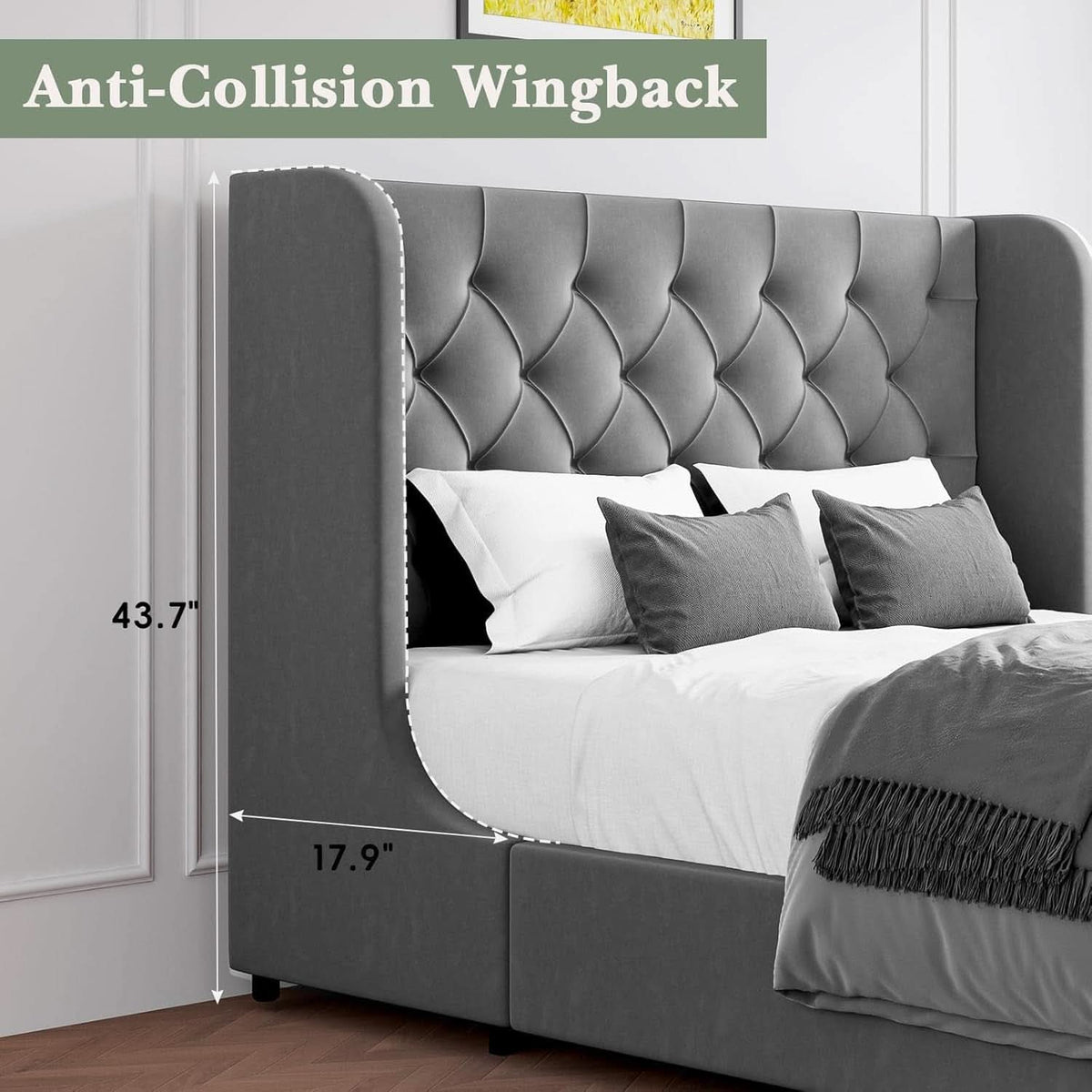 Grey VelvetLux Upholstered King Bed Frame Wing back