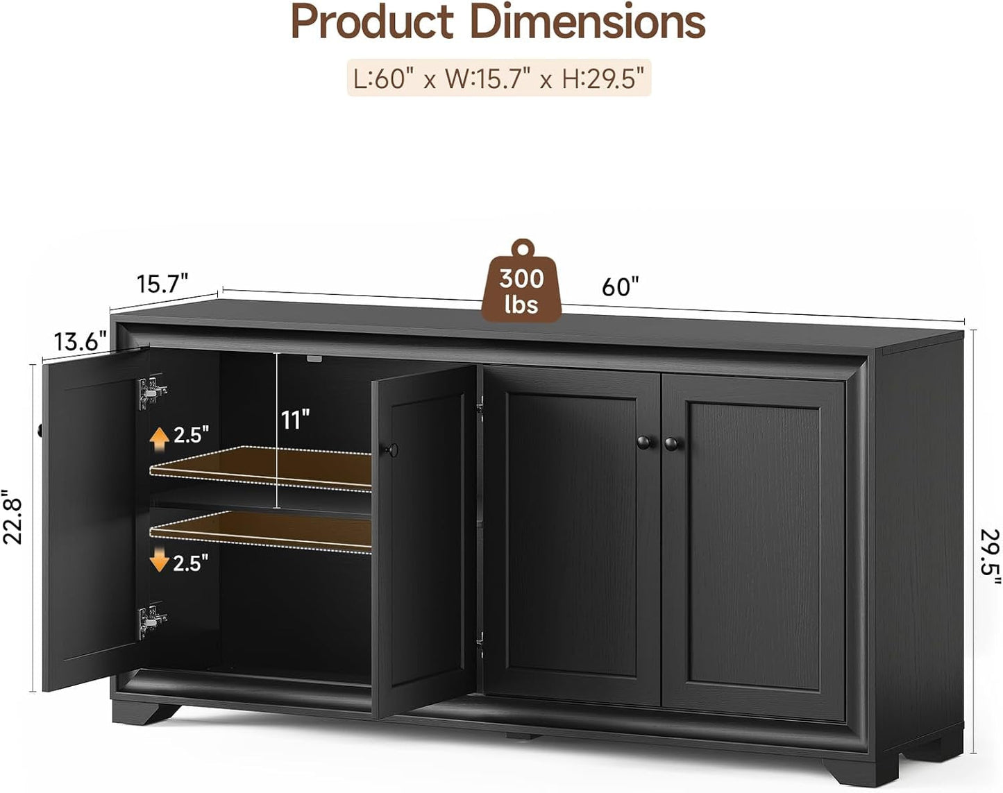 60 Inch Sideboard Buffet Cabinet With Adjustable Shelves