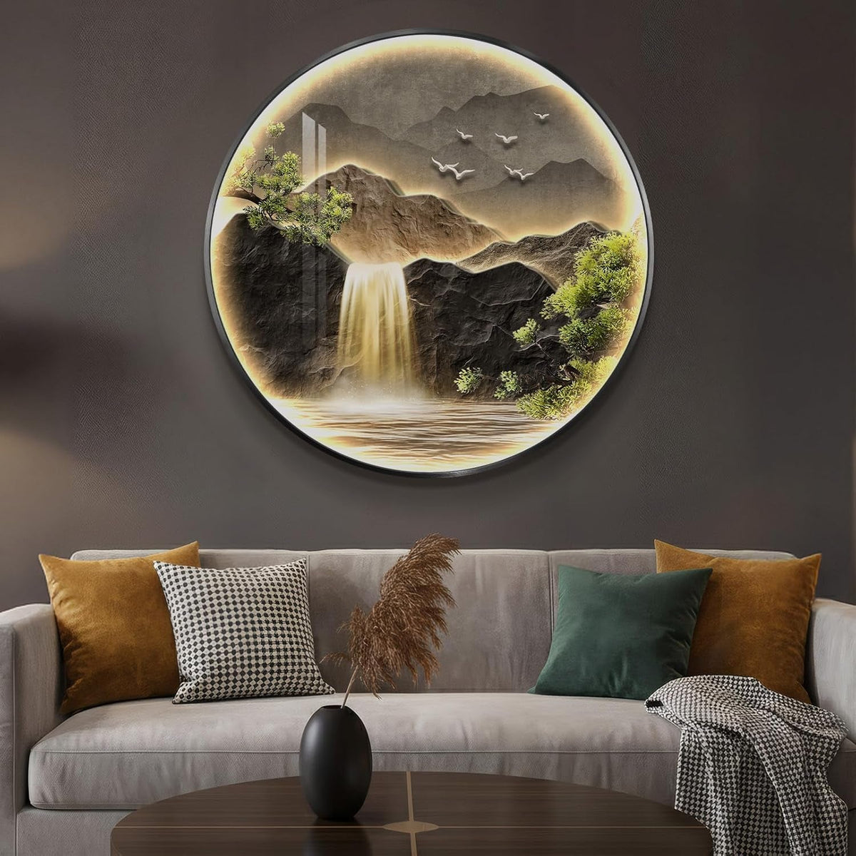 Illuminated Mountain Waterfall Wall Art 30x30 Inch