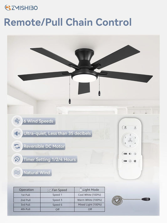 Fifty Two Inch Black UltraQuiet Ceiling Fan Dimmable Lights