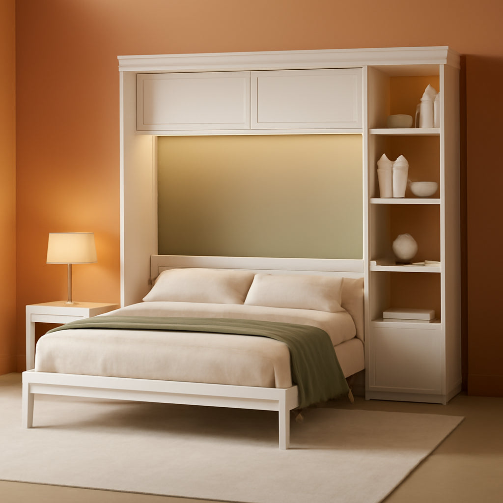 Queen Murphy Desk Bed White With Integrated Shelving-0