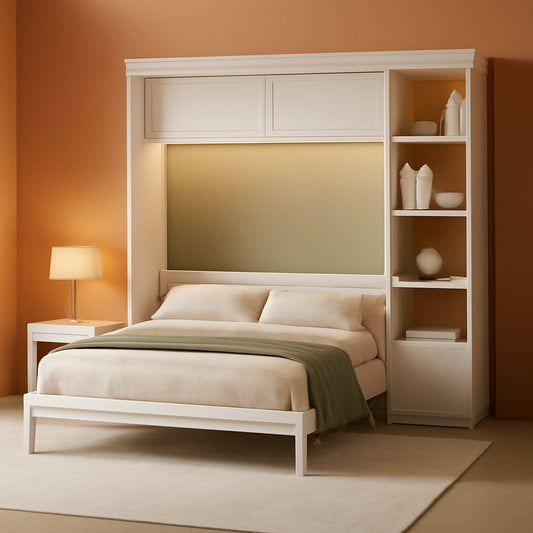 Queen Murphy Desk Bed White With Integrated Shelving-0
