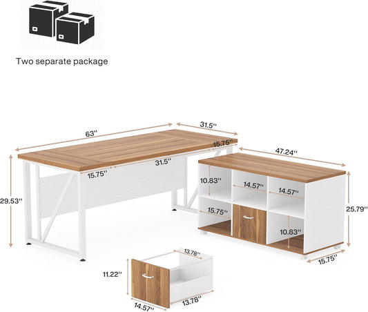 63Inch Walnut Executive Computer Desk With Cabinet