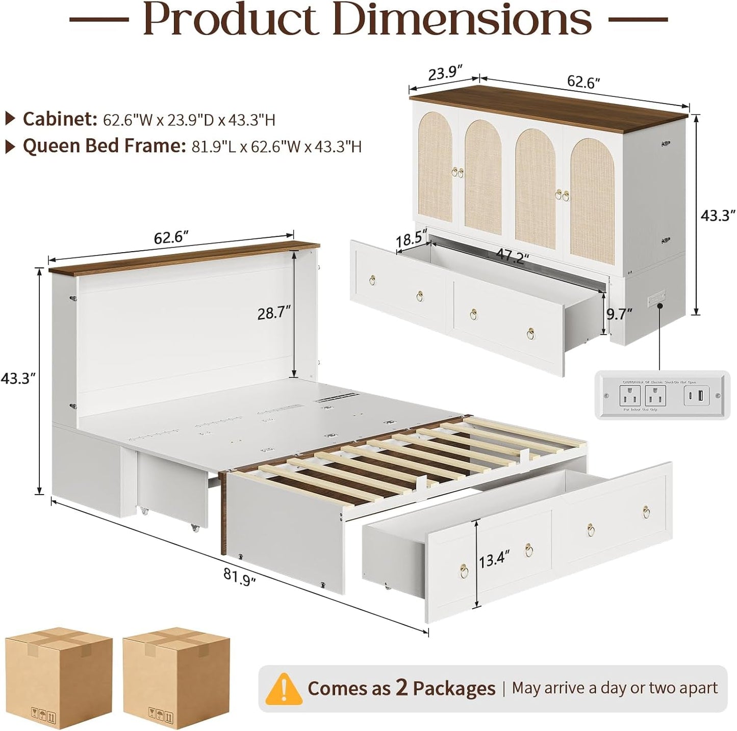 Queen Murphy Bed Space Saving Charging Cabinet Drawers