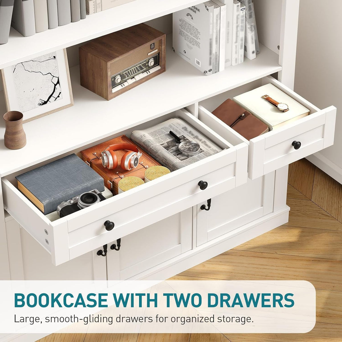 White Farmhouse Arched Bookcase Featuring Large Drawer