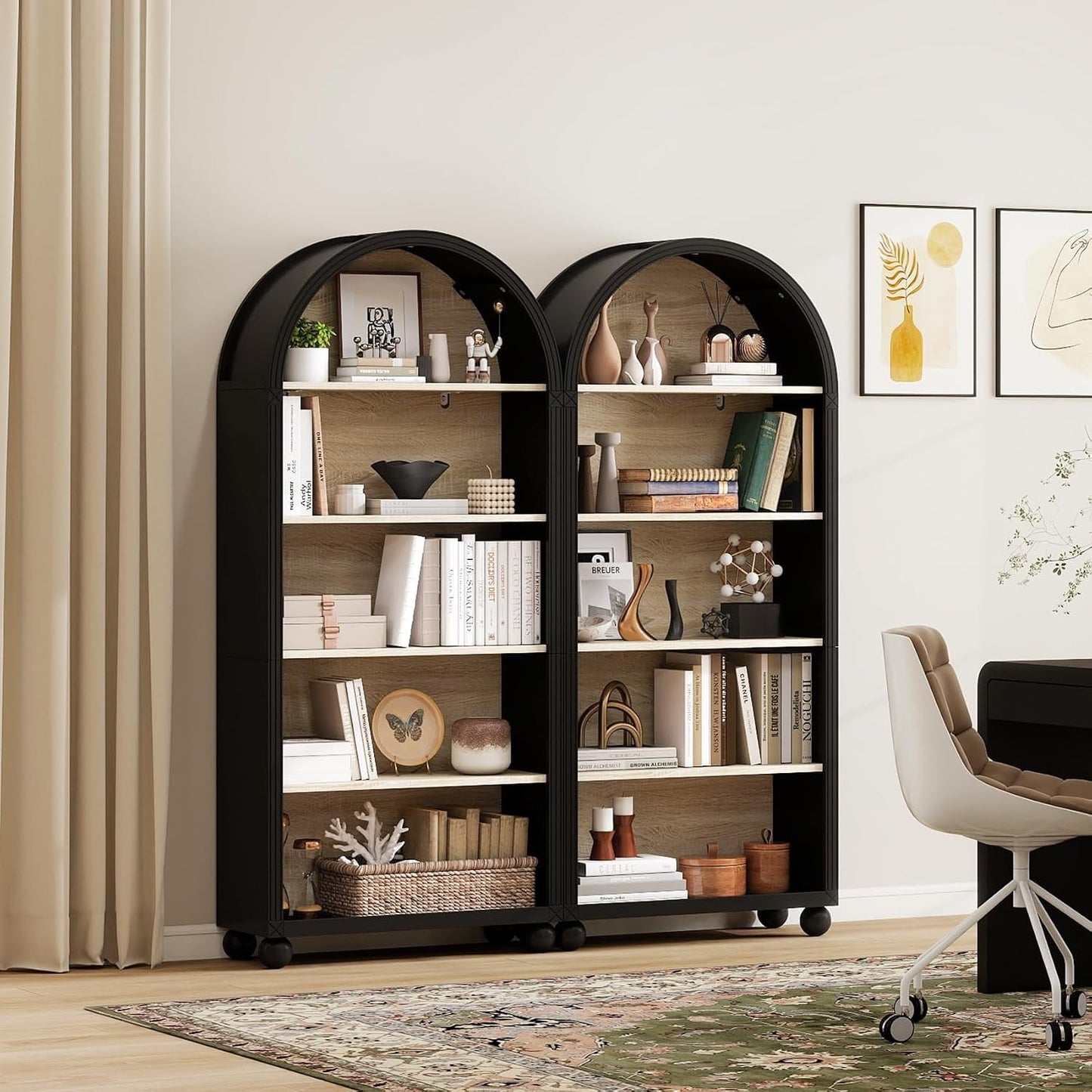 Tall Black Arched Bookcase Featuring Spacious Shelving
