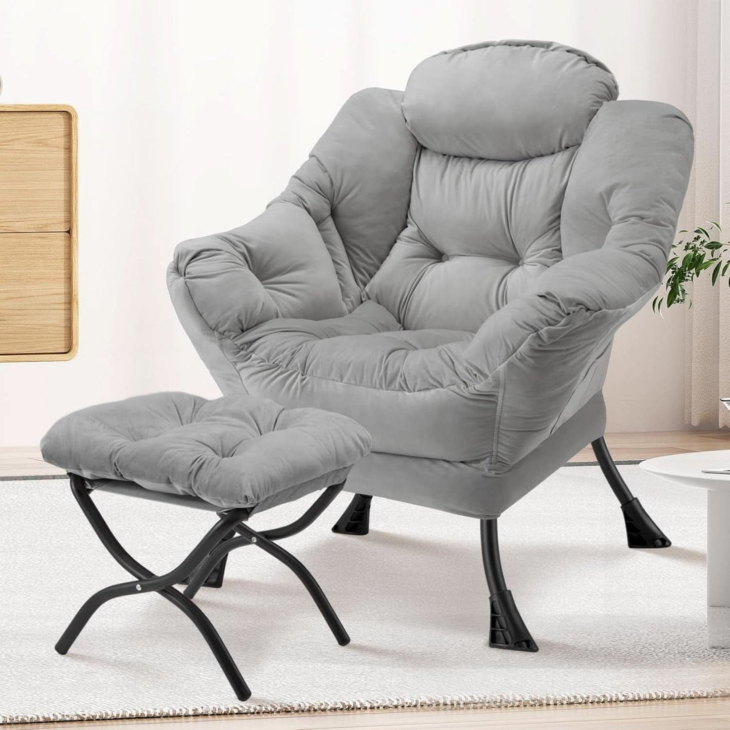 Large Light Gray Upholstered Armchair Folding Ottoman