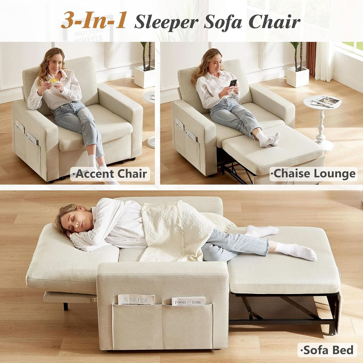 Forty Two Point Five Inch Sleeper Chair Bed Beige Convertible Sofa Bed