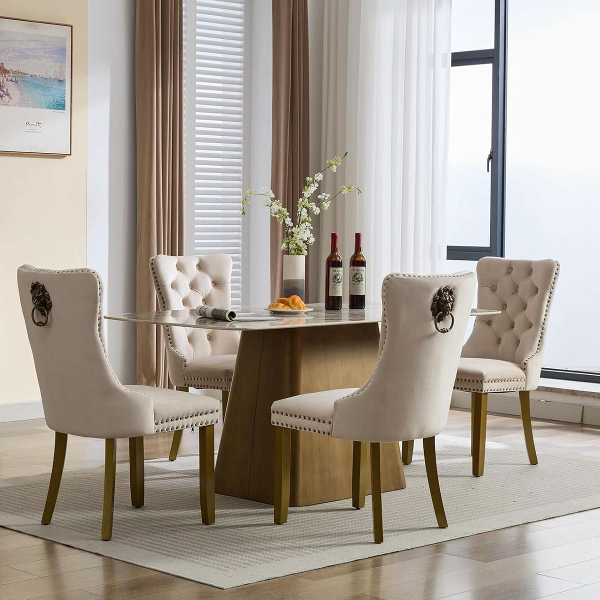 Beige Velvet Dining Chairs Set Of Four Wingback Button Tufted Dining Room Chairs