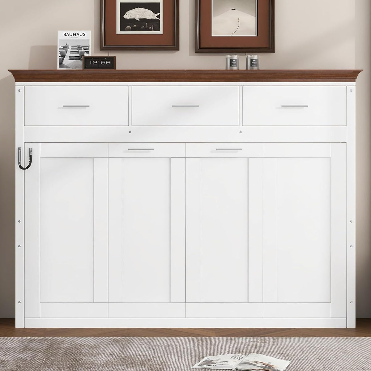 Horizontal Murphy Bed With Drawers White Walnut Top