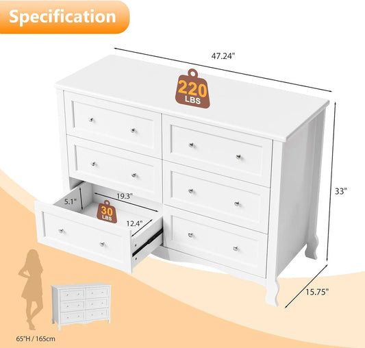 White Six Drawer Dresser Grooved Front ContouredProfile