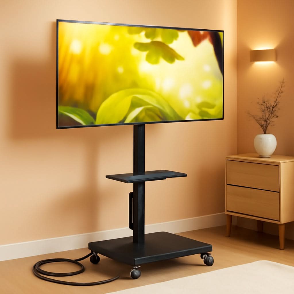 Black Rolling TV Stand With Integrated Storage Shelving