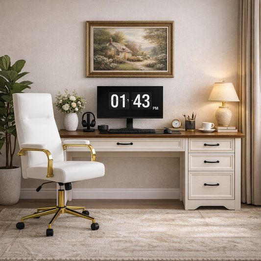 47 Inch Brown White Computer Desk and Office Chair Set with Storage Drawers-0